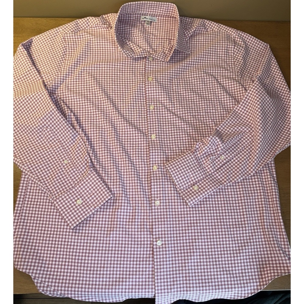 Peter Millar Mens XL Red White Gingham Check Long Sleeve Button Down Shirt